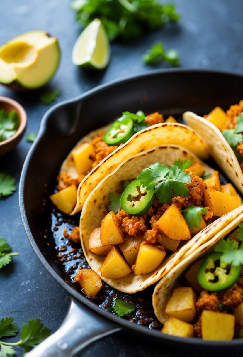 A sizzling skillet of spicy chipotle potato tacos with vibrant Mexican ingredients