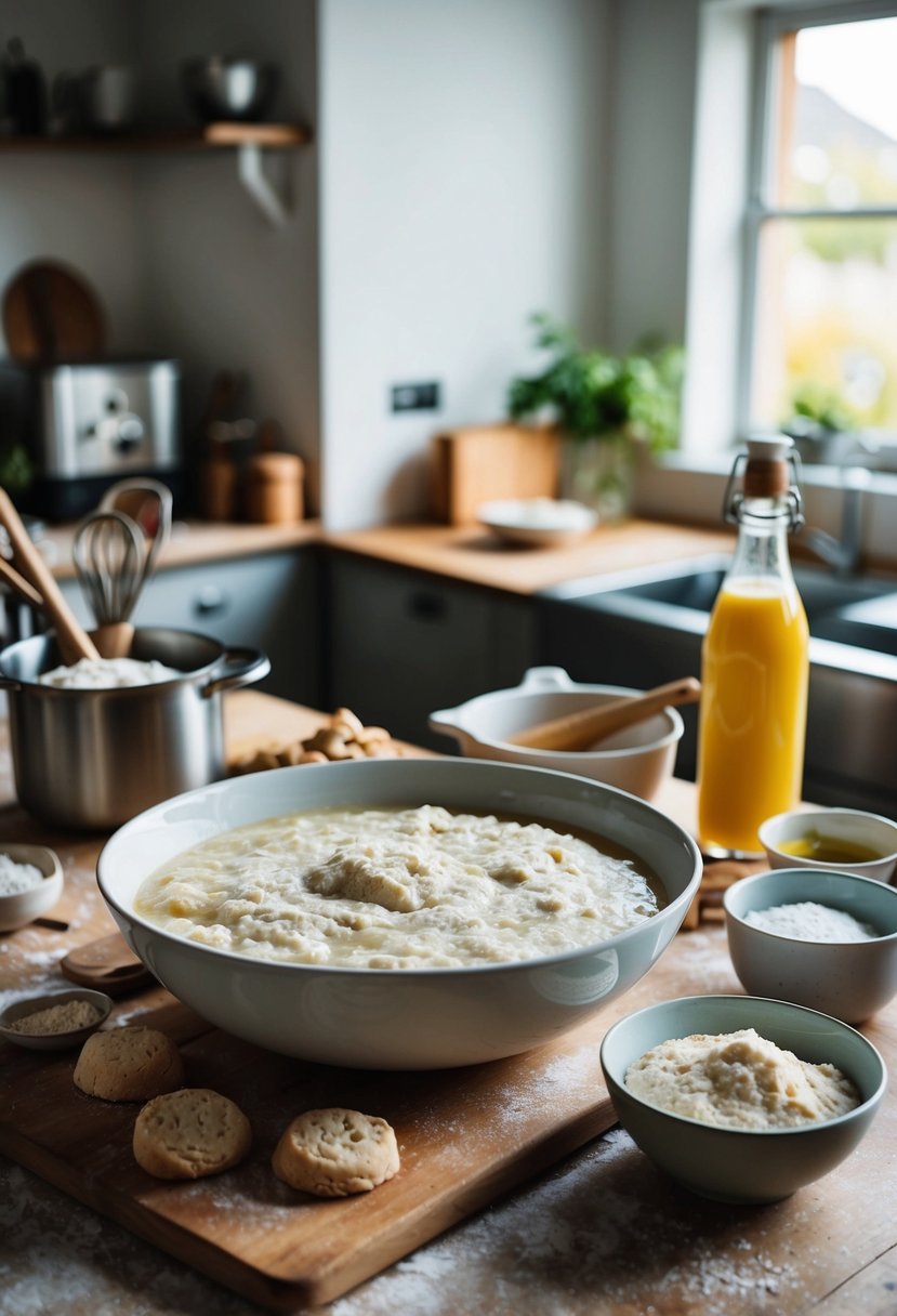 A rustic kitchen counter with a bowl of bubbling sourdough starter, surrounded by ingredients and utensils for making sourdough biscuits