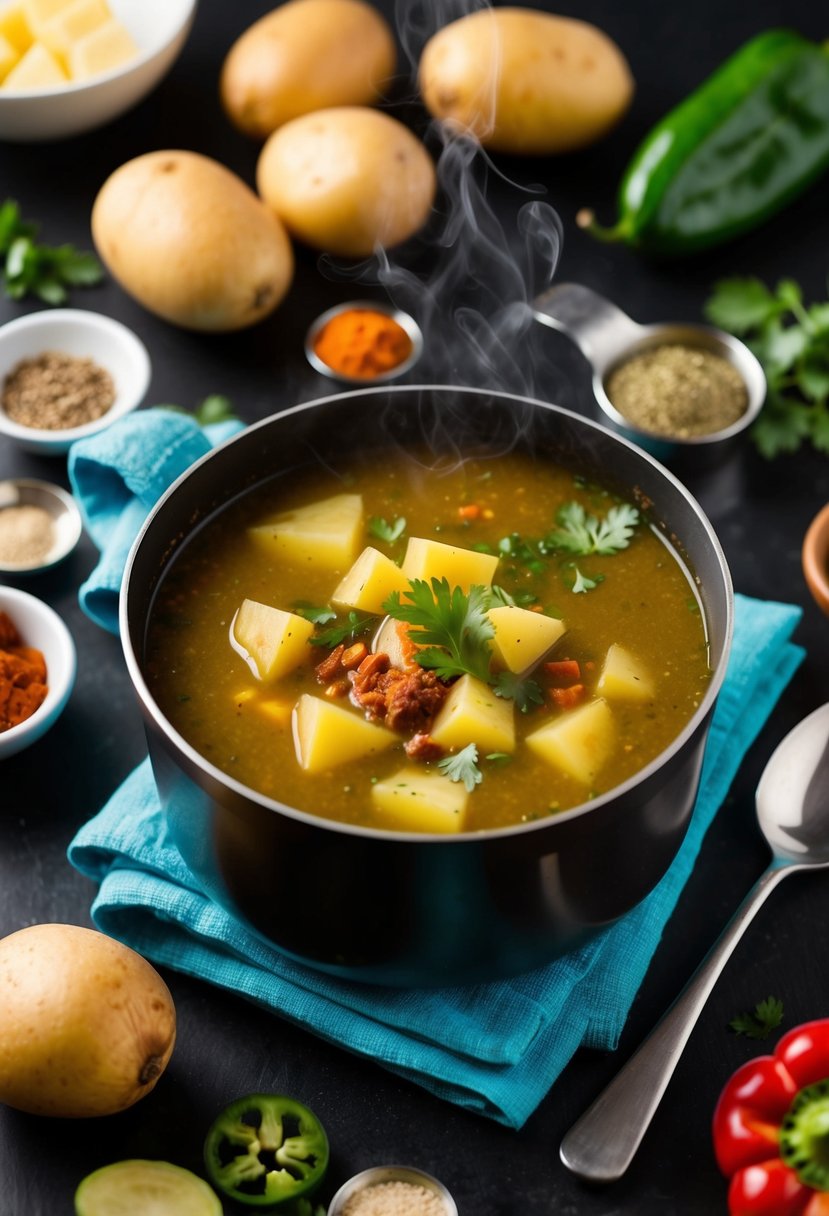 A steaming pot of Mexican Potato Poblano Soup surrounded by fresh ingredients like potatoes, poblano peppers, and spices