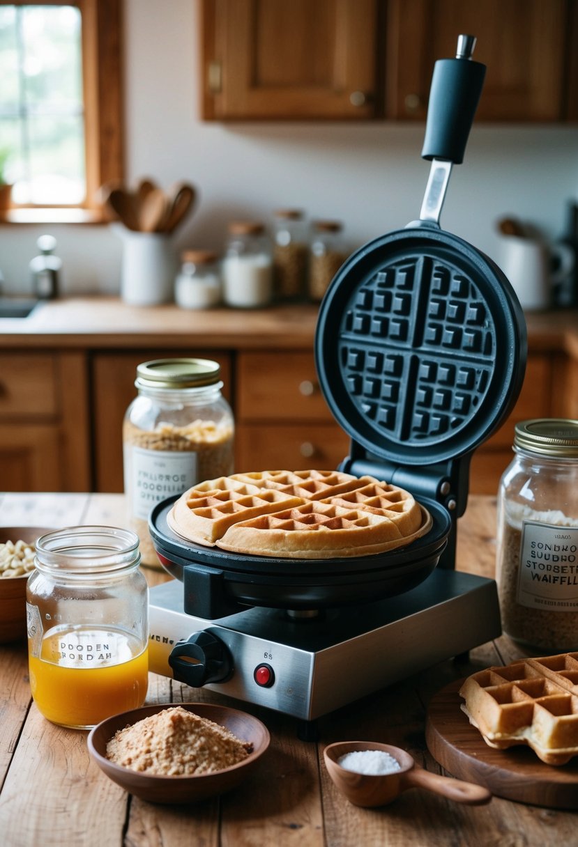 A rustic kitchen with a vintage waffle iron surrounded by jars of sourdough starter and ingredients for making sourdough waffles