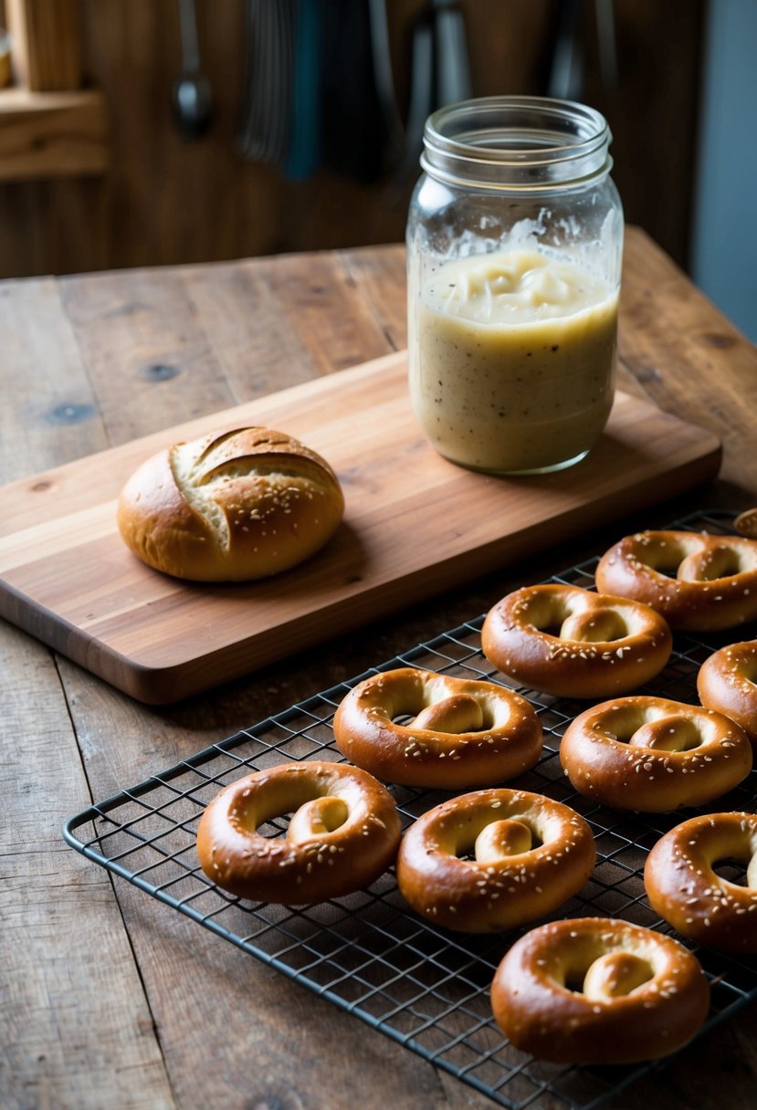 A rustic kitchen counter with a wooden cutting board, a jar of bubbling sourdough starter, and a batch of freshly baked sourdough pretzels cooling on a wire rack