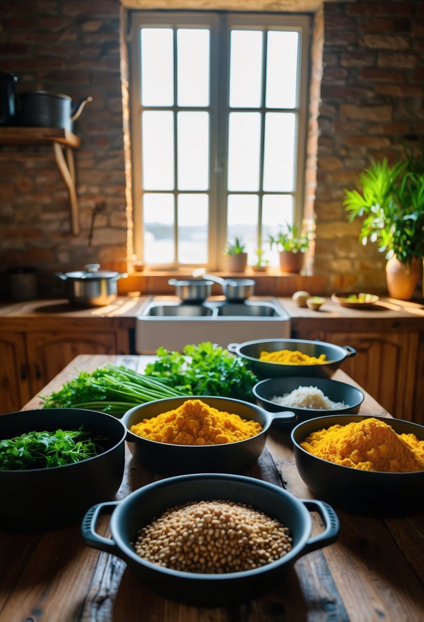 A rustic kitchen with fresh yondu ingredients laid out on a wooden table, surrounded by pots and pans. Sunlight streams through the window, casting a warm glow over the scene