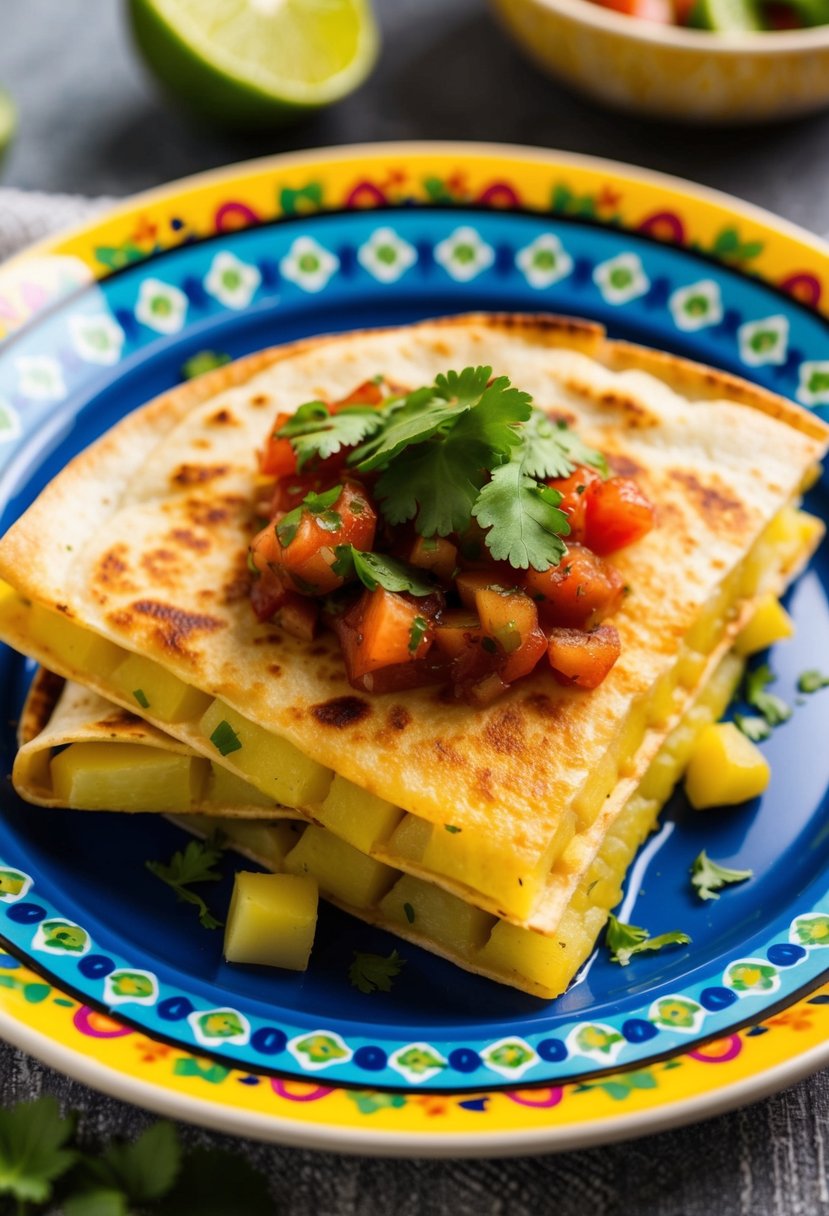 A sizzling potato quesadilla topped with salsa verde on a colorful Mexican-themed plate