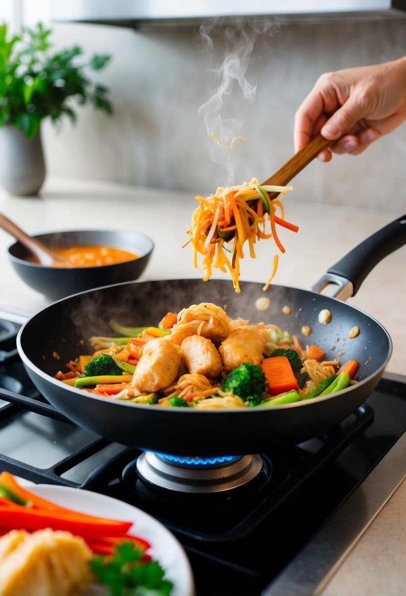 A sizzling pan of colorful vegetables and kimchi stir-frying with Yondu sauce in a modern kitchen