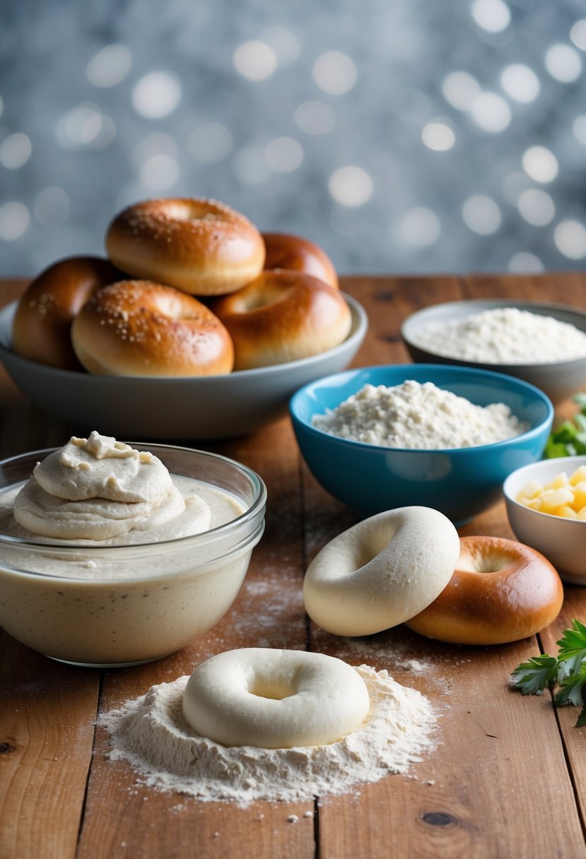 A wooden table with a bowl of bubbling sourdough starter, flour, and other ingredients for making sourdough bagels