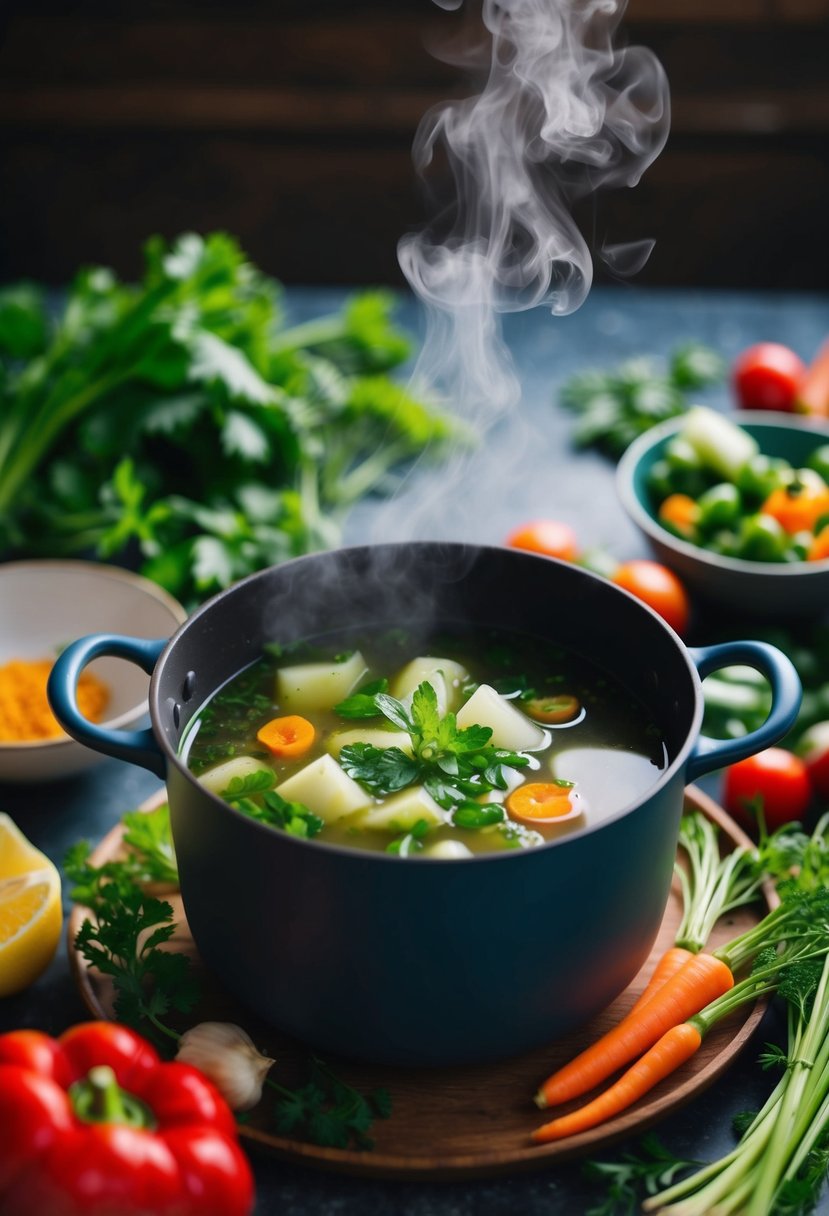 A steaming pot of Yondu Vegetable Broth surrounded by fresh vegetables and herbs