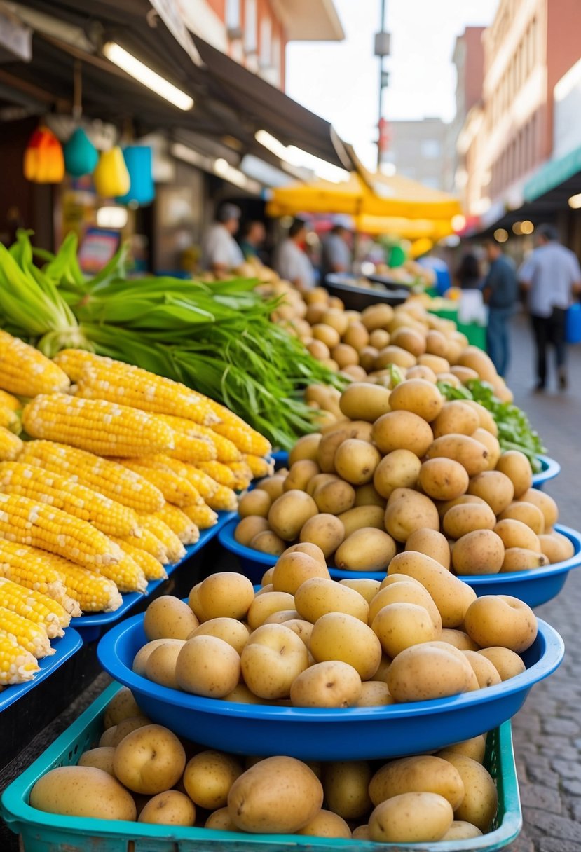 A vibrant outdoor market with a colorful display of Mexican street corn and piles of fresh potatoes