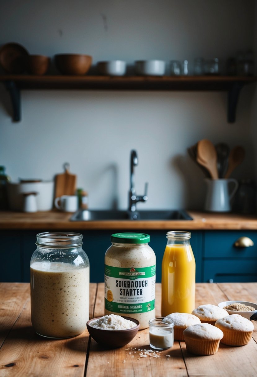 A rustic kitchen with a wooden table, a jar of bubbly sourdough starter, and ingredients for English muffins laid out on the counter