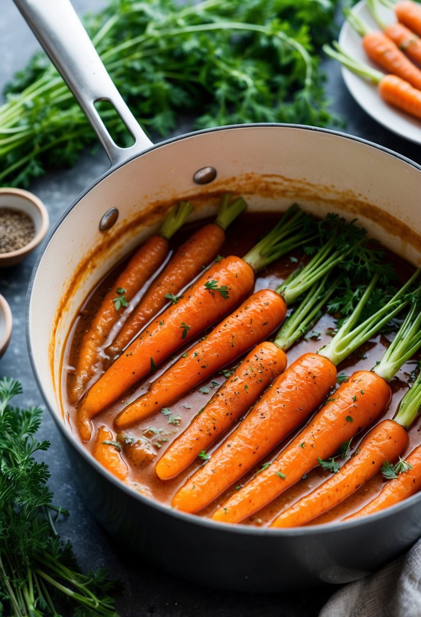 A pot of glazed carrots simmering in Yondu sauce, surrounded by fresh herbs and a sprinkle of black pepper