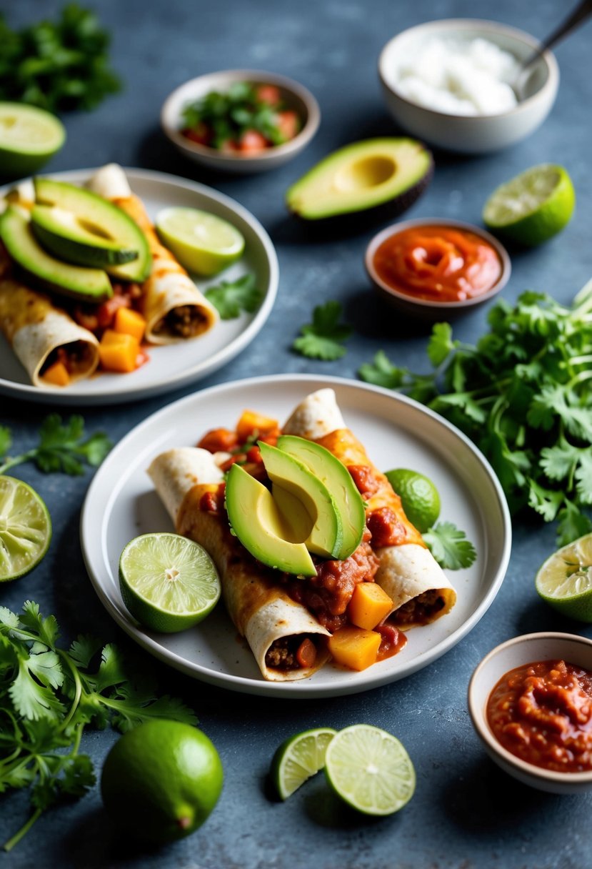 A table set with avocado and potato enchiladas surrounded by Mexican ingredients like cilantro, lime, and hot sauce