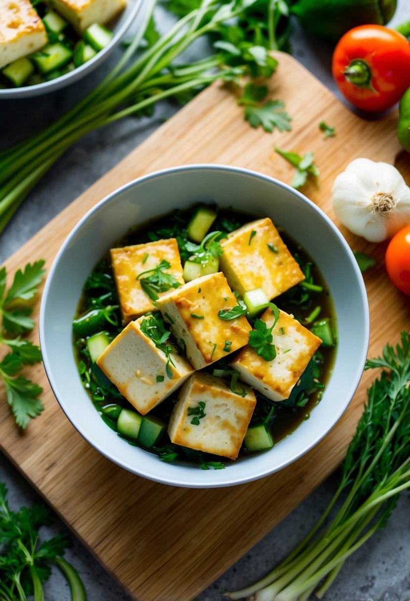 A bowl of marinated tofu surrounded by fresh herbs and vegetables on a wooden cutting board