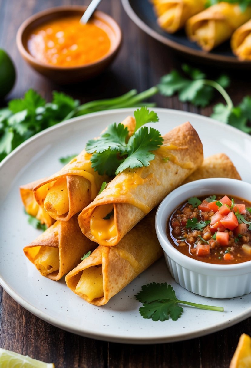 A plate of golden, crispy Cheesy Potato Taquitos arranged with a side of salsa and garnished with fresh cilantro