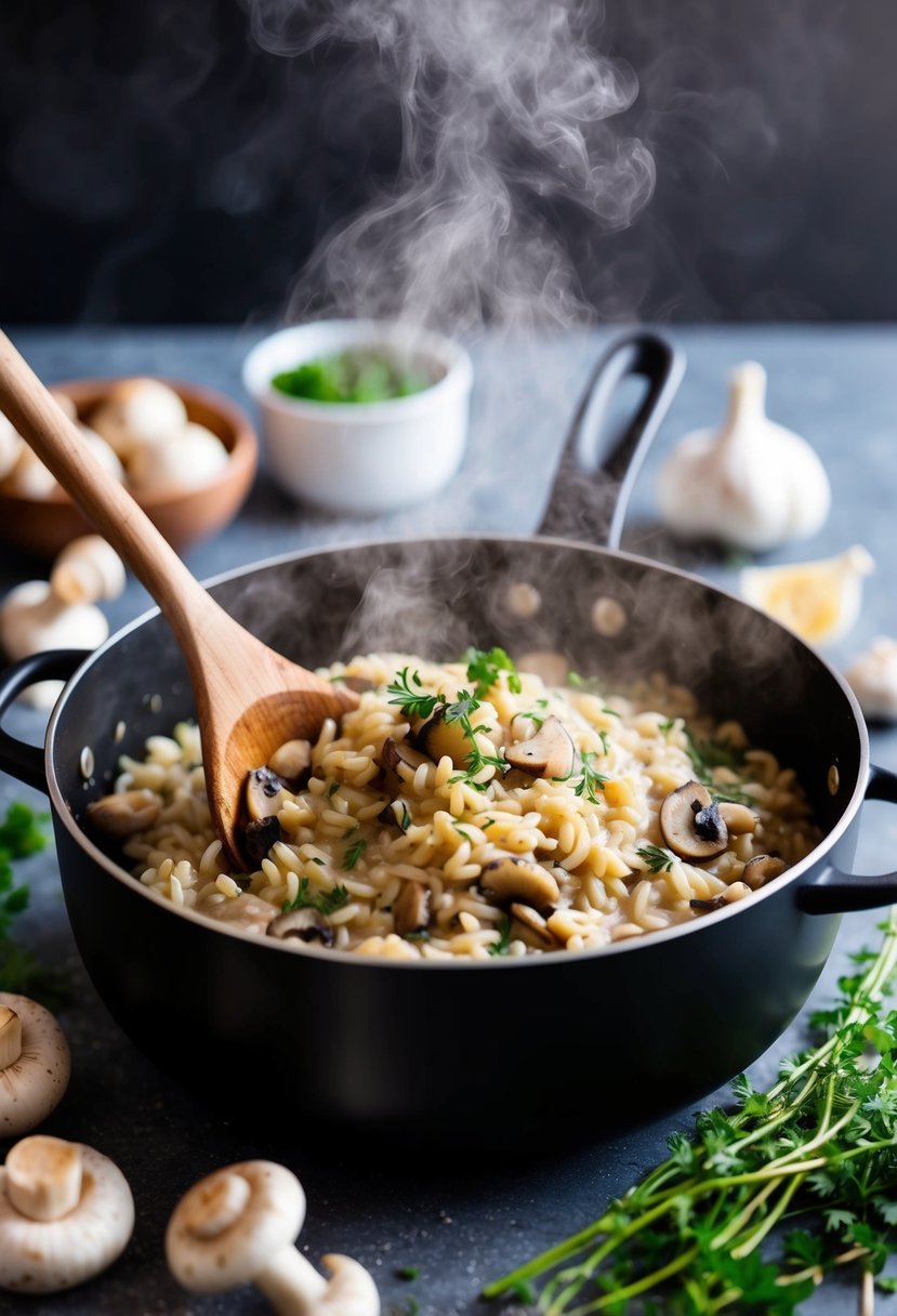 A steaming pot of Yondu Mushroom Risotto being stirred with a wooden spoon, surrounded by fresh mushrooms, garlic, and herbs