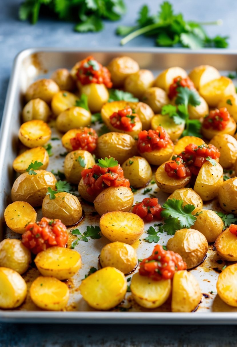 A baking sheet filled with golden brown roasted potatoes coated in vibrant red salsa, with a sprinkle of cilantro on top