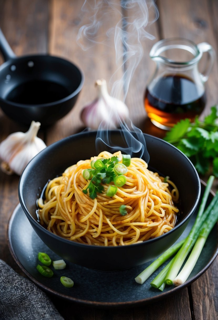 A steaming bowl of Yondu garlic noodles on a rustic wooden table, surrounded by fresh ingredients like garlic, scallions, and soy sauce