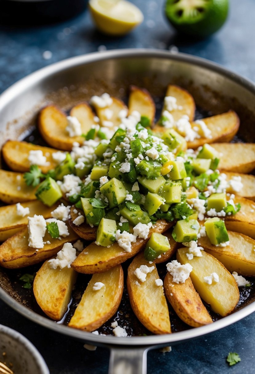 A sizzling skillet of golden potato chilaquiles topped with vibrant green salsa and crumbled queso fresco