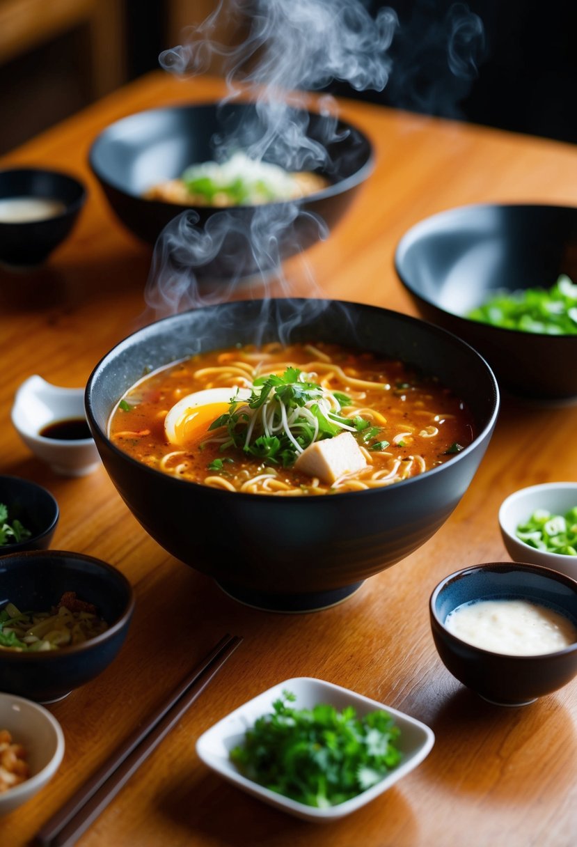 A steaming bowl of Yondu Spicy Ramen surrounded by fresh ingredients and chopsticks on a wooden table