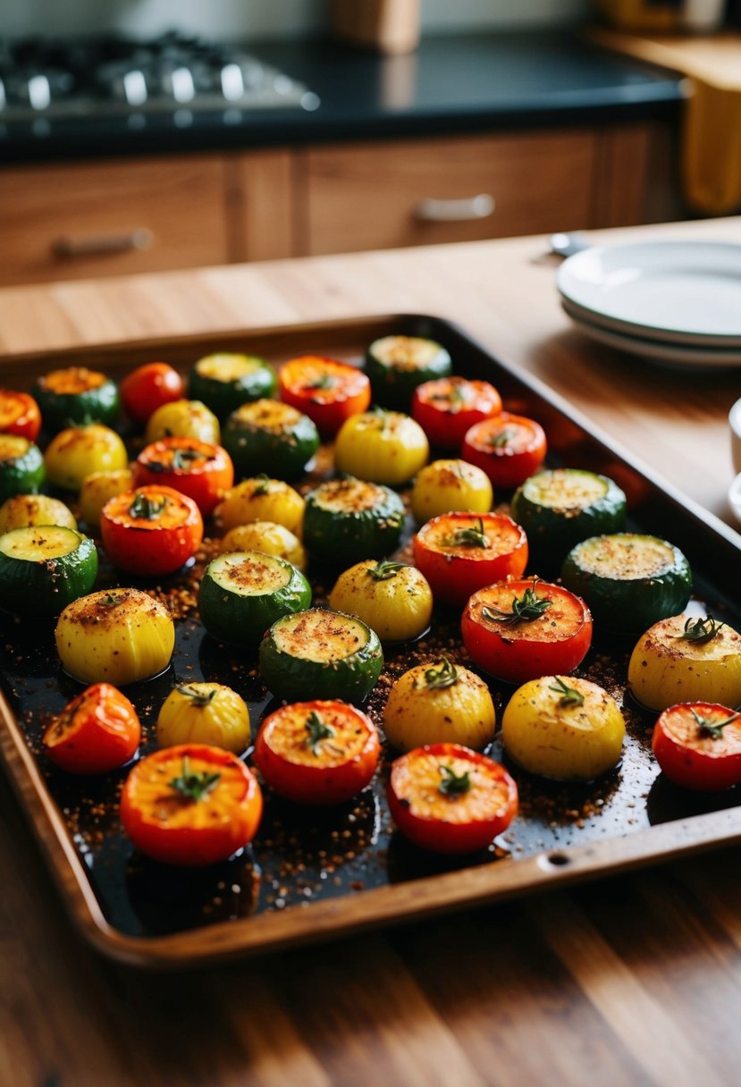 A colorful array of roasted vegetables, glistening with Yondu seasoning, sizzling on a baking sheet in a warm, inviting kitchen