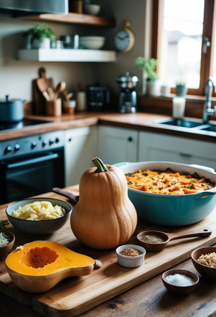 A rustic kitchen with a wooden cutting board, a butternut squash, various keto-friendly ingredients, and a casserole dish ready for preparation