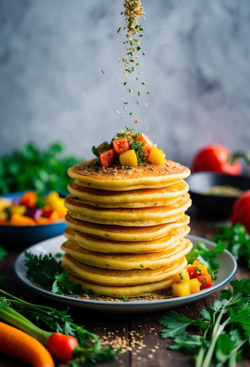 A stack of golden savory pancakes topped with Yondu seasoning, surrounded by fresh herbs and colorful vegetables