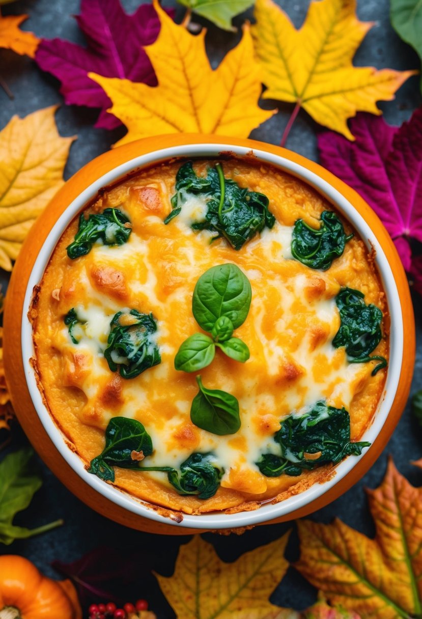 A golden-brown butternut squash casserole topped with melted cheese and fresh spinach, surrounded by colorful autumn leaves