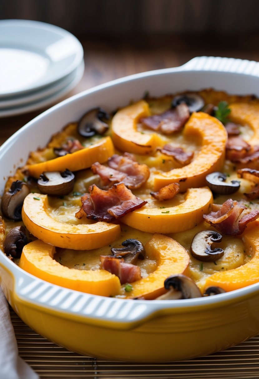 A golden-brown casserole dish filled with layers of sliced butternut squash, crispy bacon, and sautéed mushrooms, topped with a sprinkle of melted cheese