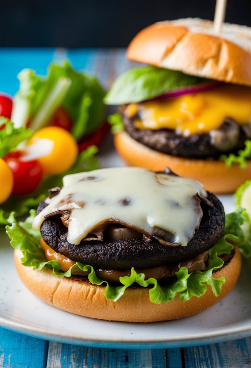 A sizzling portobello mushroom burger, topped with melted cheese and fresh lettuce, served on a toasted bun beside a colorful array of fresh ingredients