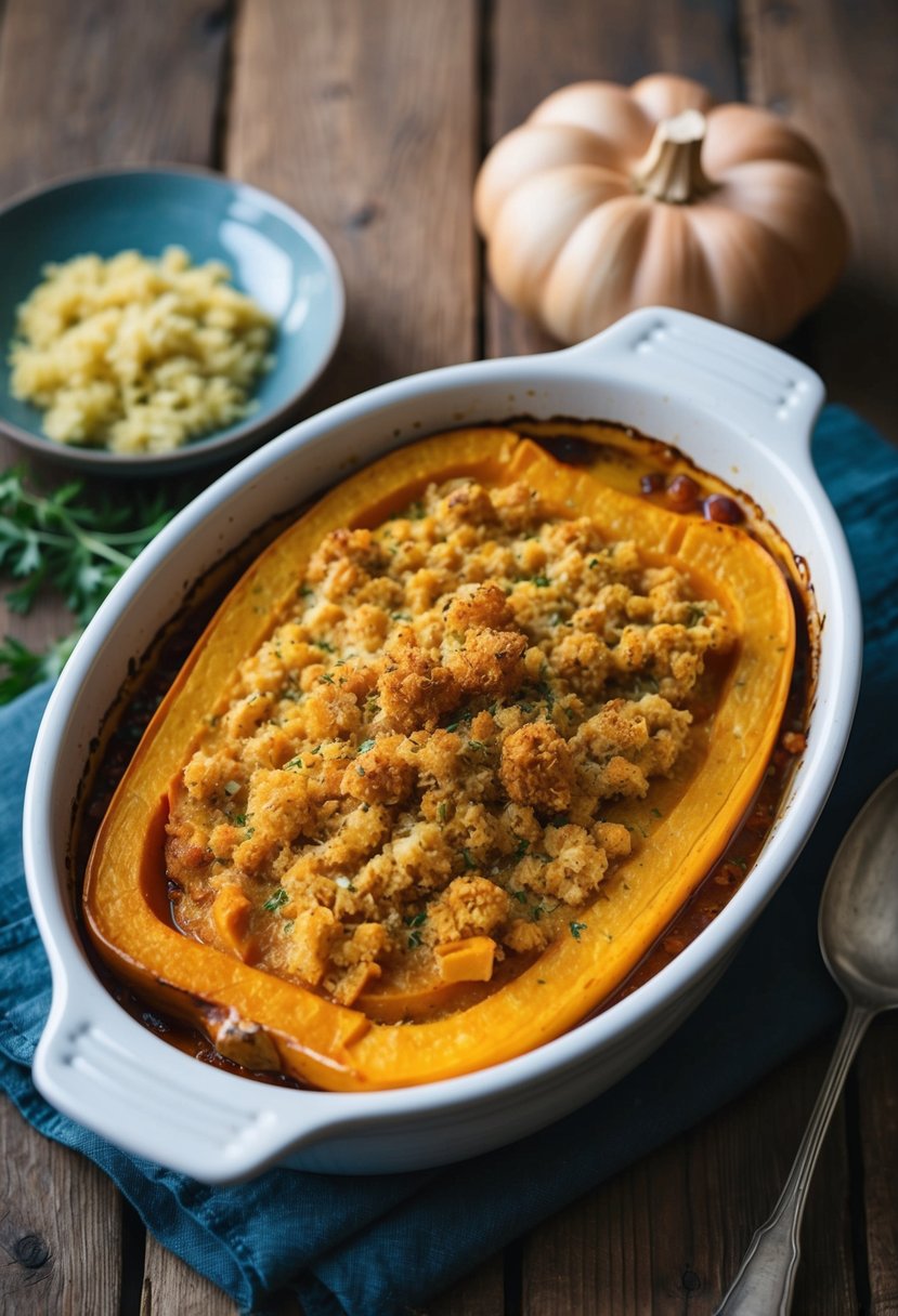 A rustic wooden table with a bubbling hot casserole dish of golden-brown butternut squash, topped with a crispy garlic herb crust