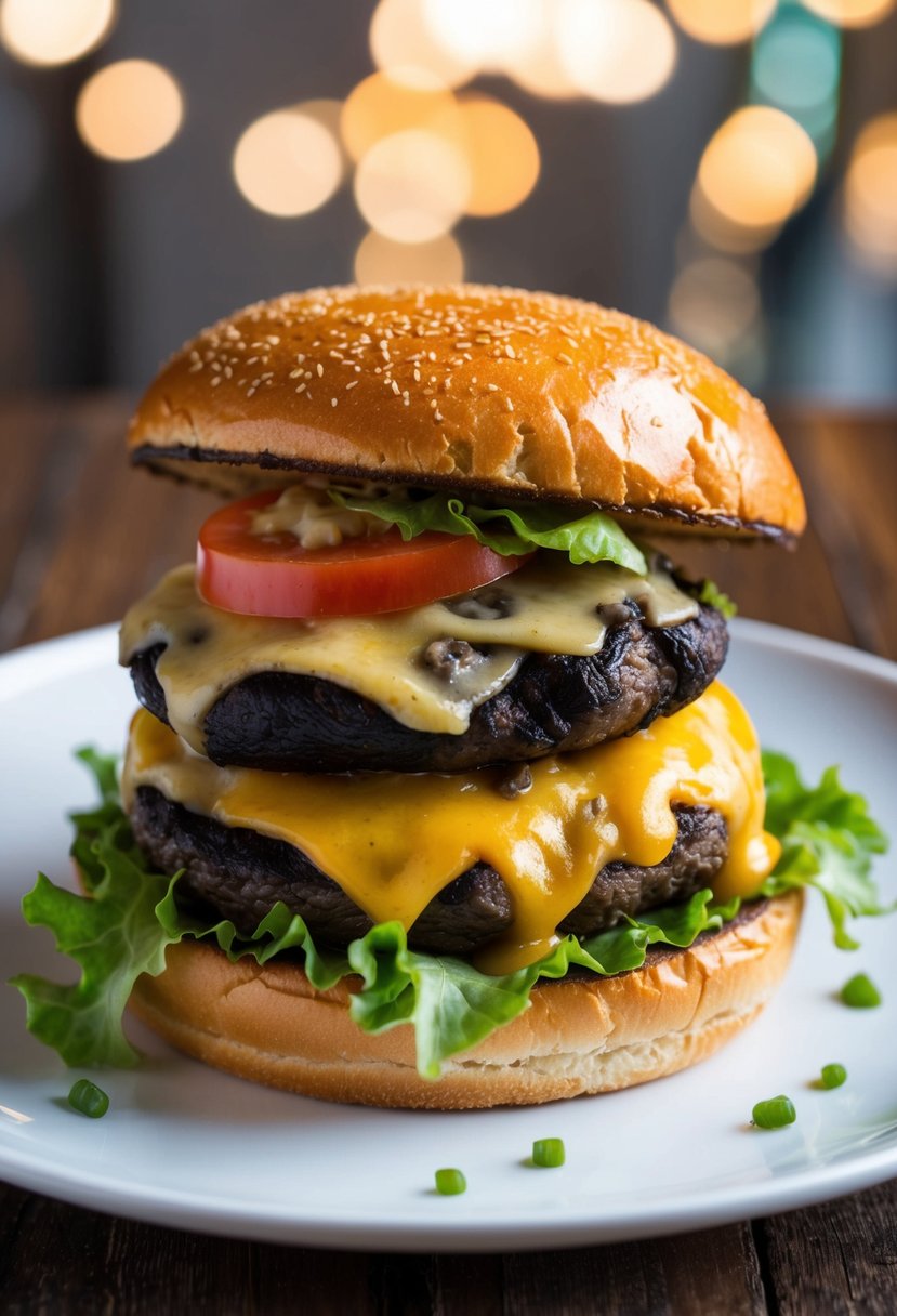 A sizzling portobello mushroom burger topped with melted cheese, lettuce, and tomato, served on a toasted bun