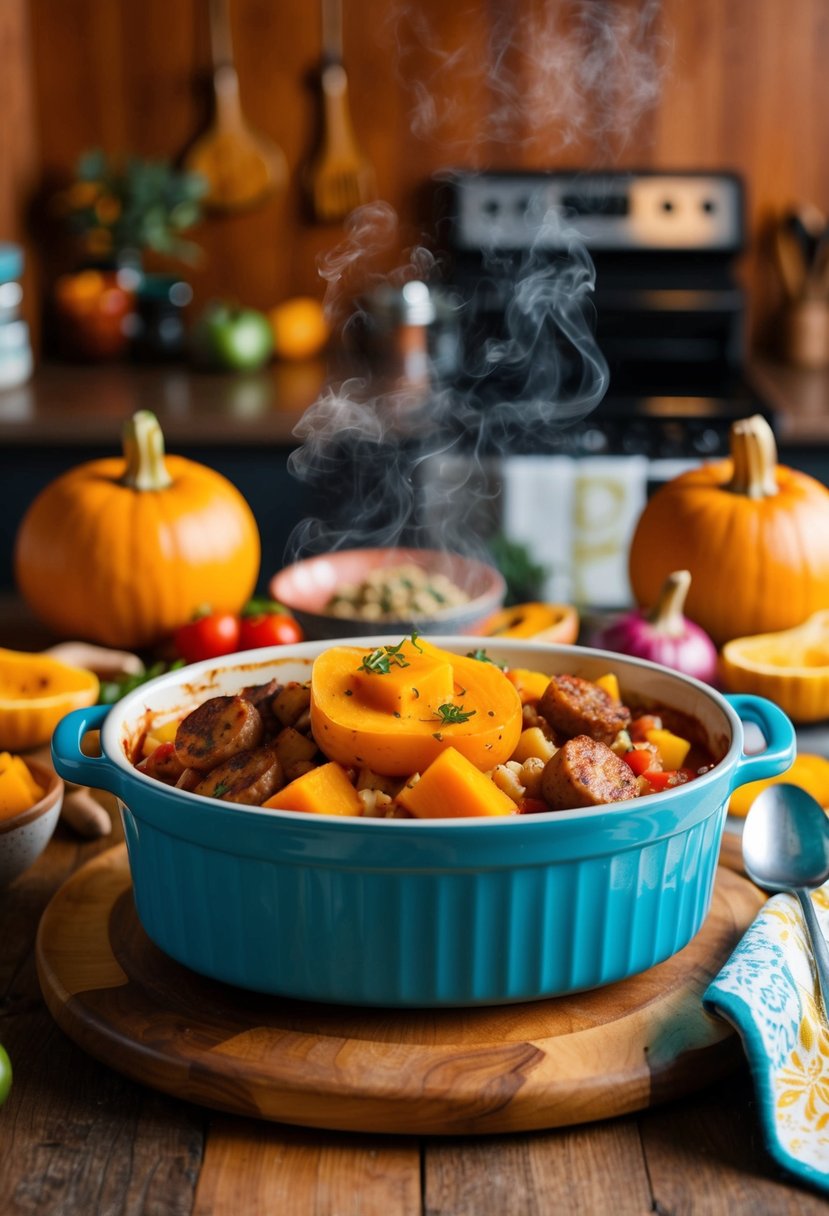 A steaming casserole dish filled with spicy sausage and butternut squash, surrounded by colorful ingredients and a warm, inviting kitchen backdrop