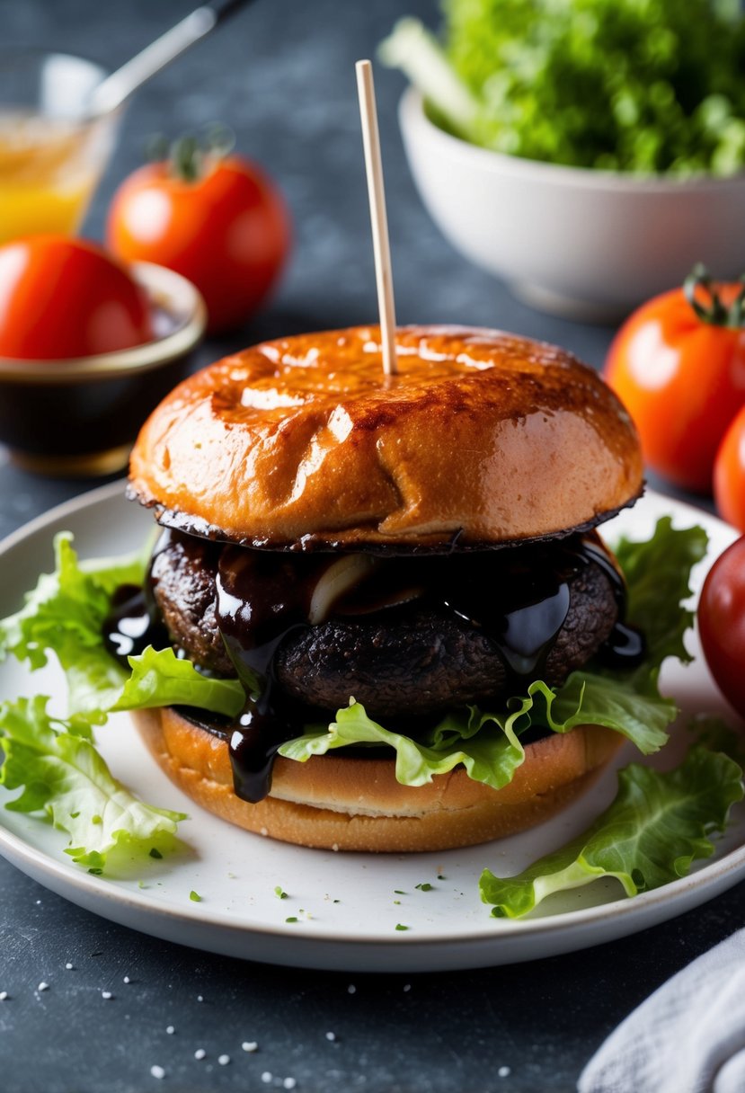 A sizzling portobello mushroom burger topped with a shiny balsamic glaze, surrounded by fresh lettuce, ripe tomatoes, and a toasted bun