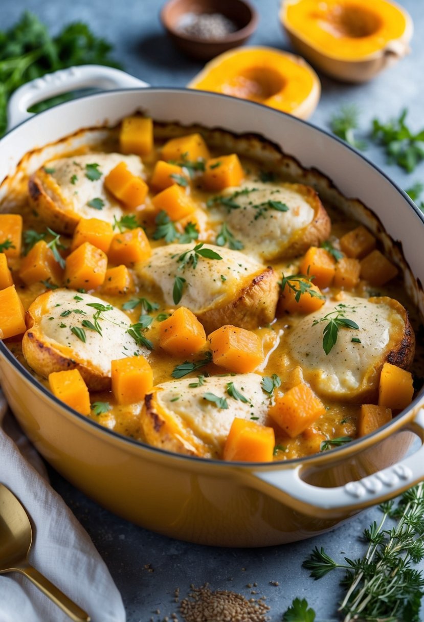 A bubbling casserole dish filled with creamy chicken and butternut squash, surrounded by fresh herbs and spices