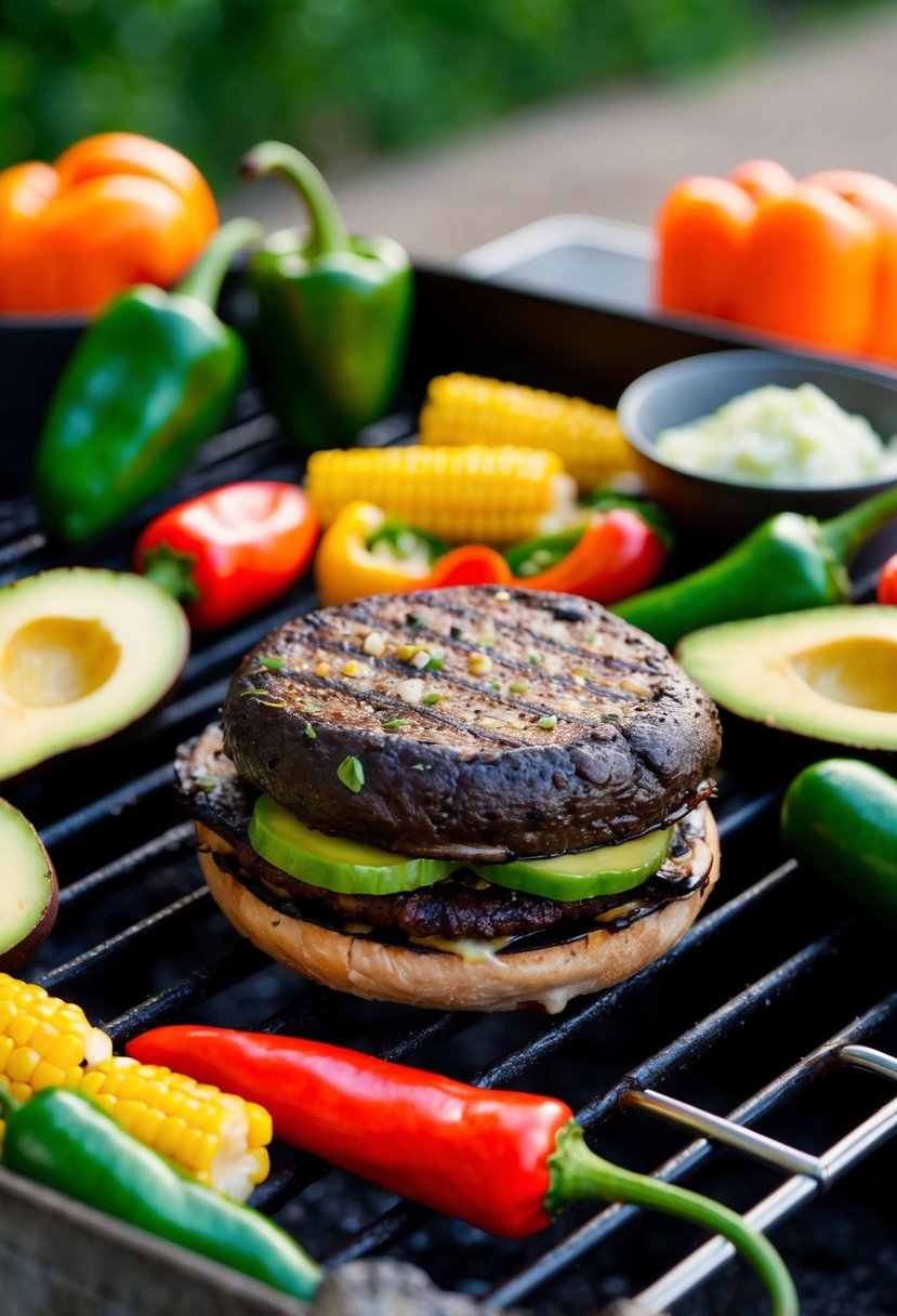 A sizzling portobello mushroom burger sizzling on a grill, surrounded by vibrant red and green chili peppers, corn, and avocado slices