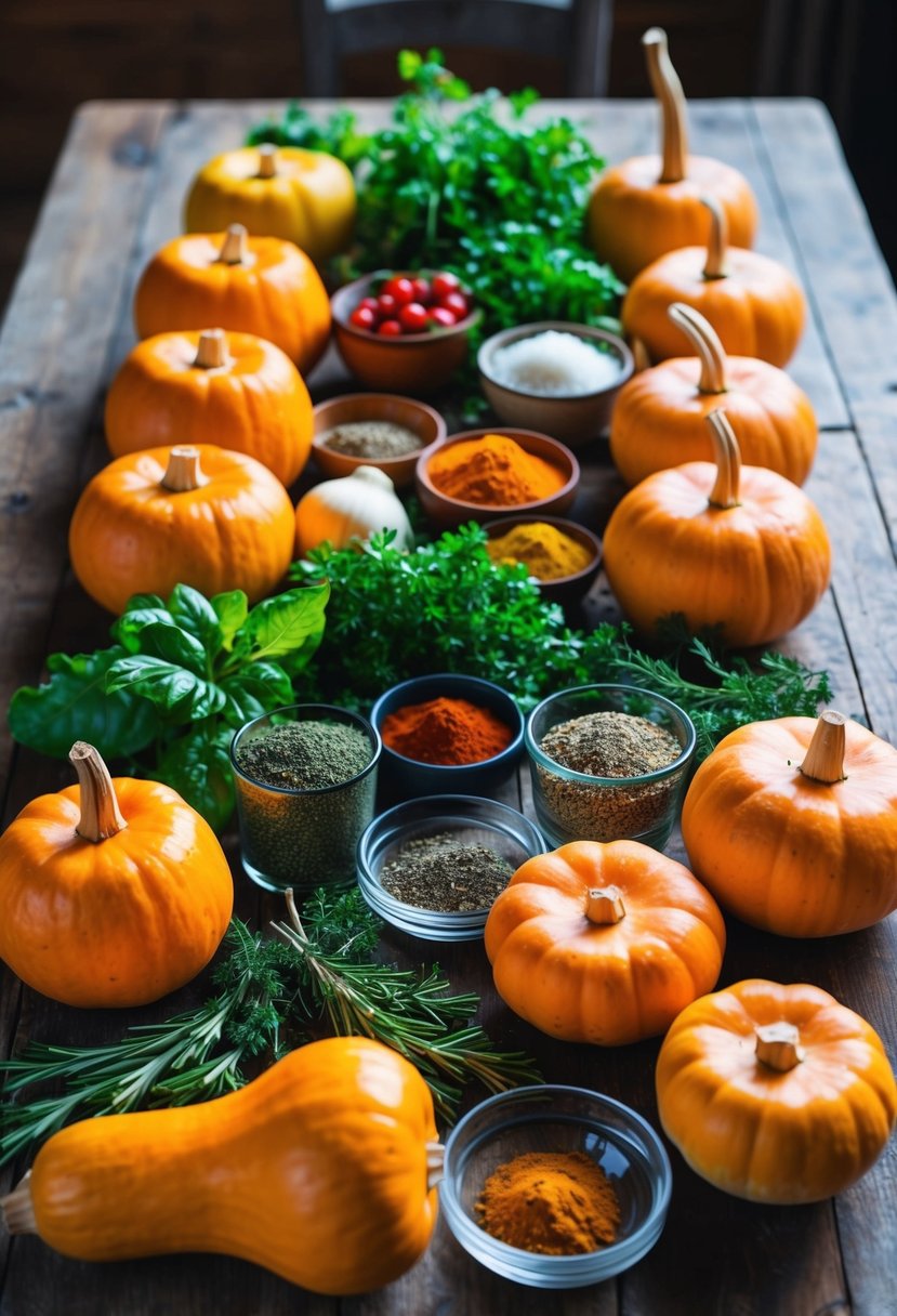 A colorful array of fresh butternut squash, vibrant Italian herbs, and zesty spices arranged on a rustic wooden table