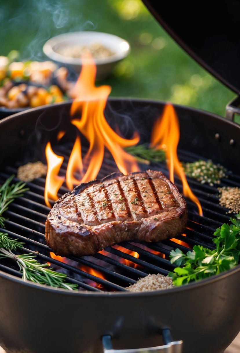 A sizzling Traeger grill cooks a juicy beef steak over an open flame, surrounded by a variety of fresh herbs and seasonings