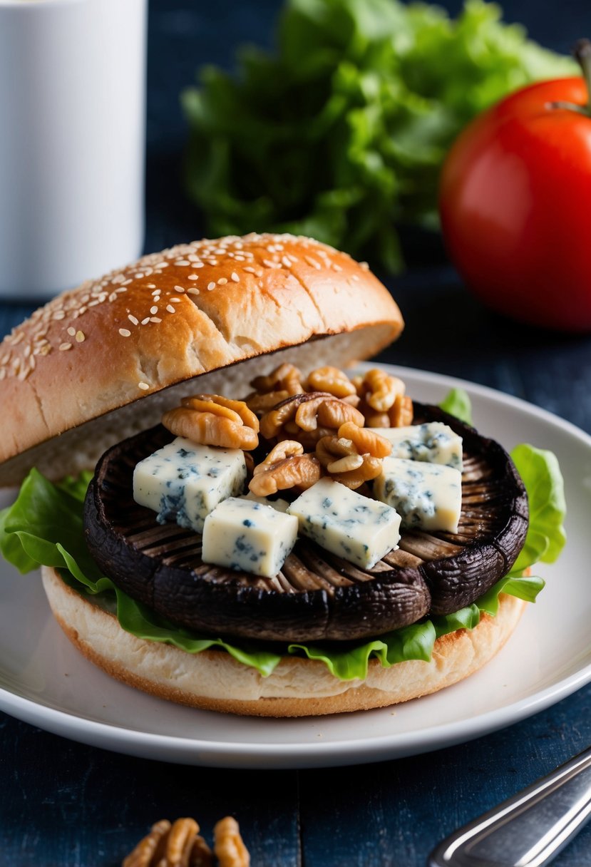 A grilled portobello mushroom topped with blue cheese and walnuts, served on a sesame seed bun with fresh lettuce and tomato