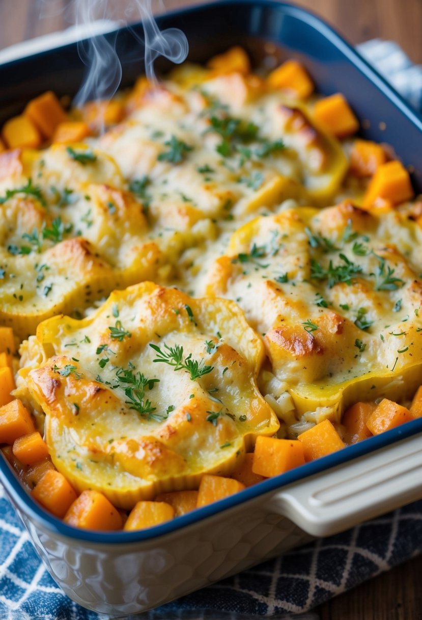 A golden-brown herbed turkey and butternut squash casserole fresh out of the oven, with steam rising and a sprinkle of herbs on top