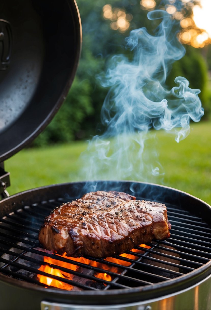 A juicy beef brisket sizzling on a Traeger grill, surrounded by billowing smoke and the warm glow of the grill's flames