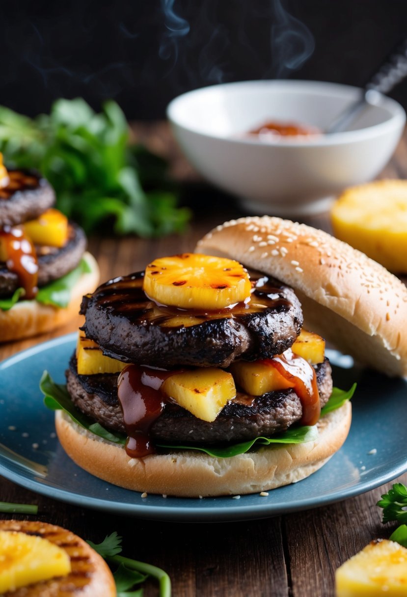 A sizzling portobello mushroom burger topped with teriyaki sauce and grilled pineapple, surrounded by fresh ingredients and a sesame seed bun