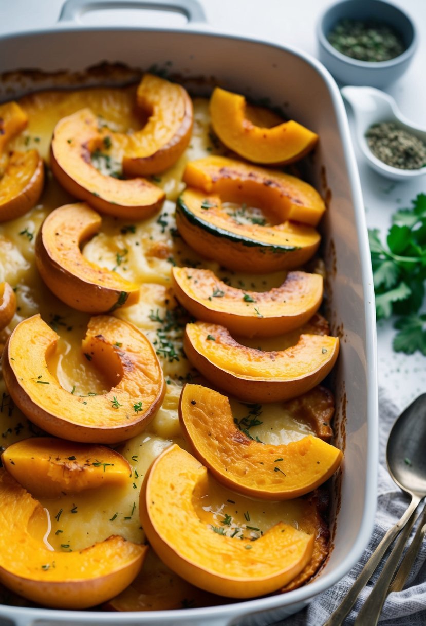 A golden-brown casserole dish filled with layers of sliced butternut squash and melted smoked Gouda cheese, with a sprinkle of herbs on top