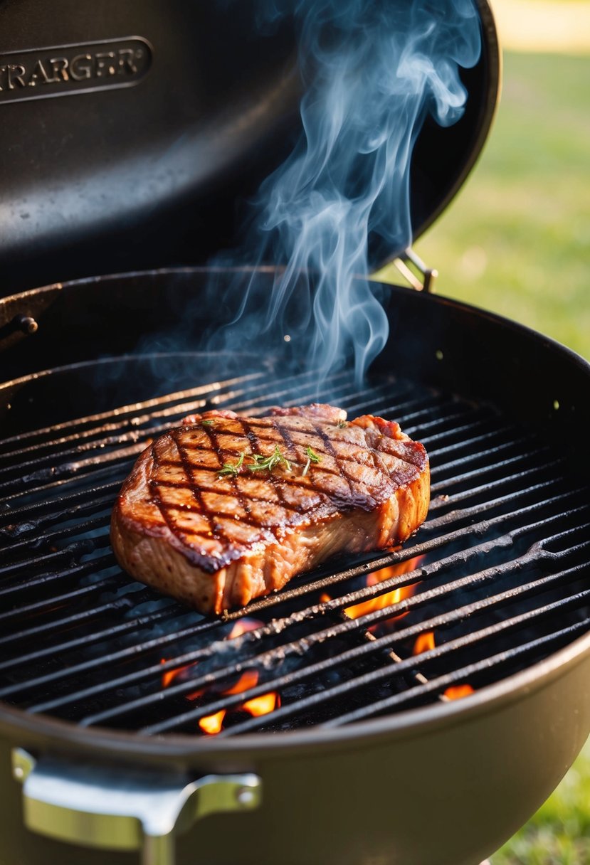 A sizzling ribeye steak cooks on a Traeger grill, emitting a mouthwatering aroma as it sears to perfection over the open flame