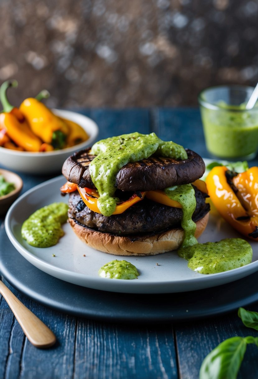 A sizzling portobello mushroom burger topped with vibrant roasted peppers and drizzled with flavorful pesto sauce