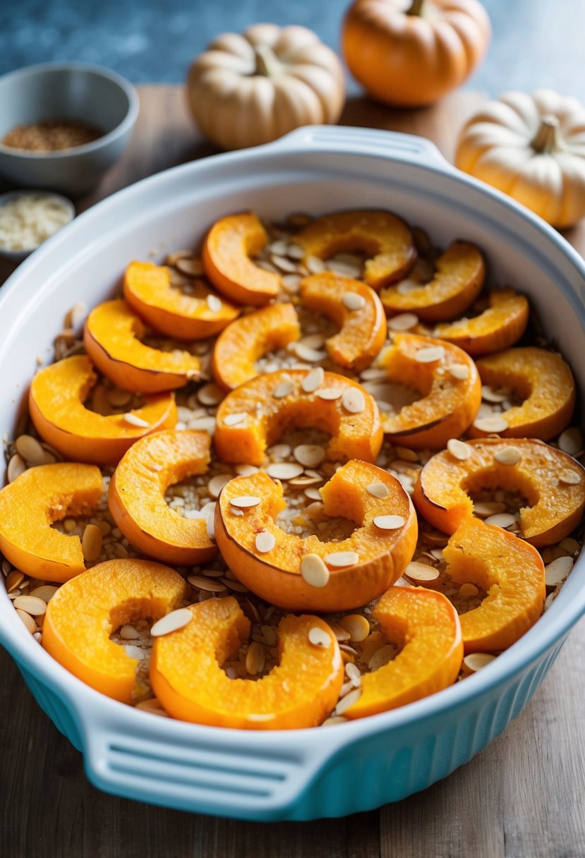 A colorful array of almond-crusted butternut squash slices layered in a harmonious casserole dish