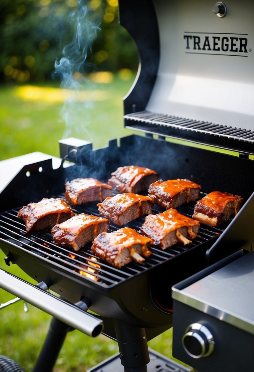 A traeger grill sizzling with beef short ribs slathered in BBQ sauce