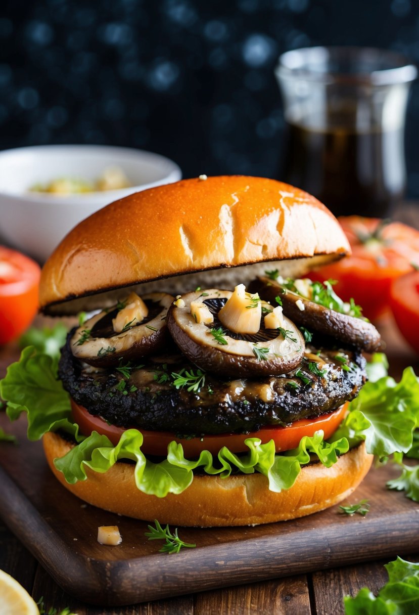 A sizzling portobello mushroom burger topped with garlic and herbs, surrounded by fresh lettuce and tomatoes on a toasted bun