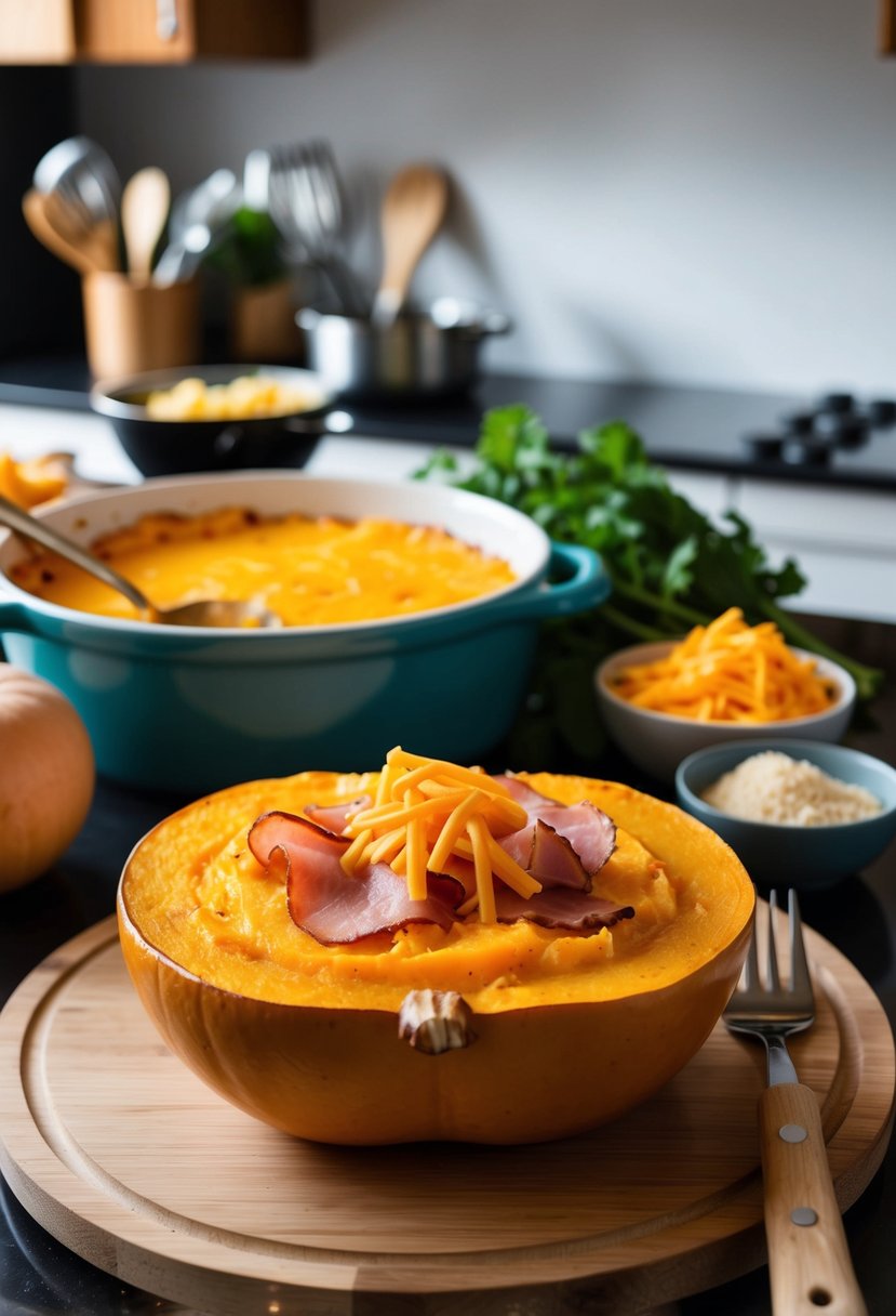 A butternut squash casserole topped with savory ham and cheddar, surrounded by fresh ingredients and cooking utensils on a kitchen counter