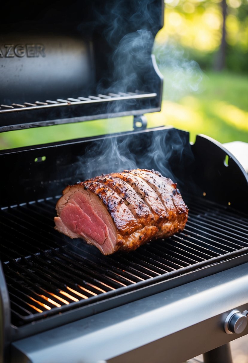 A sizzling tri-tip roast cooks on a Traeger grill, emitting mouthwatering aromas and charring slightly around the edges