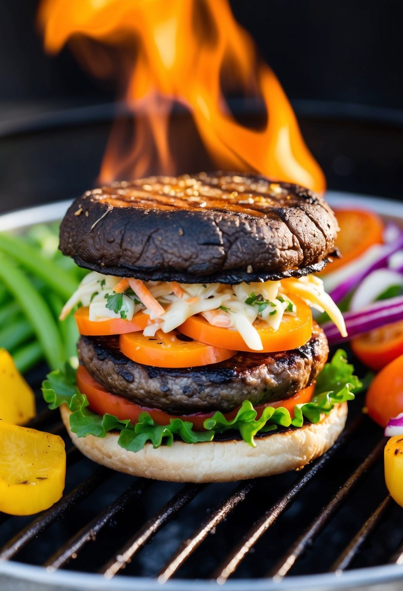 A sizzling portobello mushroom burger topped with colorful crunchy slaw, surrounded by vibrant vegetables and a smoky barbecue grill