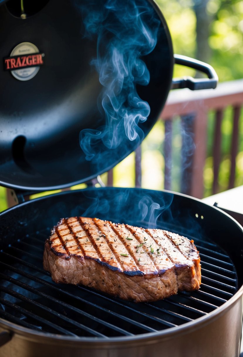 A perfectly grilled beef tenderloin sits on a traeger grill, emitting a smoky aroma