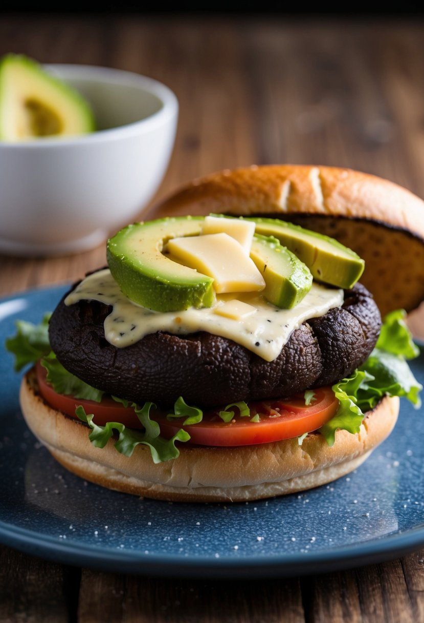 A sizzling portobello mushroom topped with creamy avocado and melted Gouda, nestled in a toasted bun with fresh lettuce and tomato